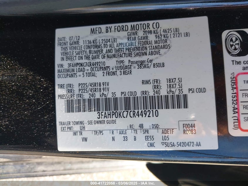 2012 FORD FUSION VIN: 3FAHP0KC7CR449210