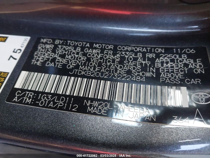 2007 Toyota Prius VIN: JTDKB20U273222484 Lot: 41722062