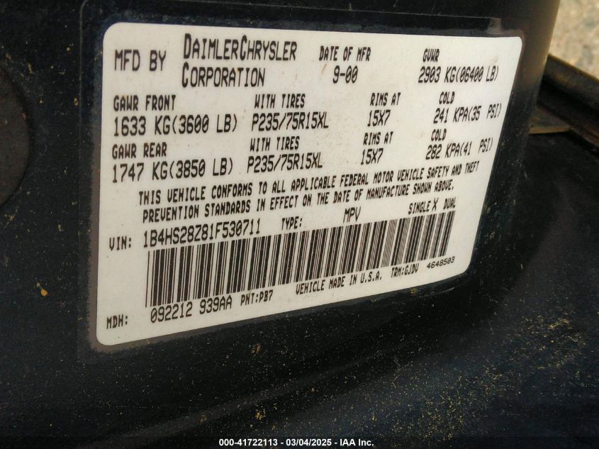 2001 Dodge Durango Slt VIN: 1B4HS28Z81F530711 Lot: 41722113