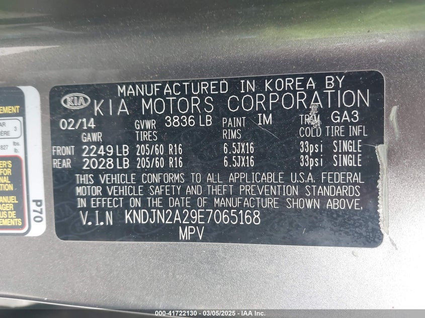 2014 Kia Soul VIN: KNDJN2A29E7065168 Lot: 41722130