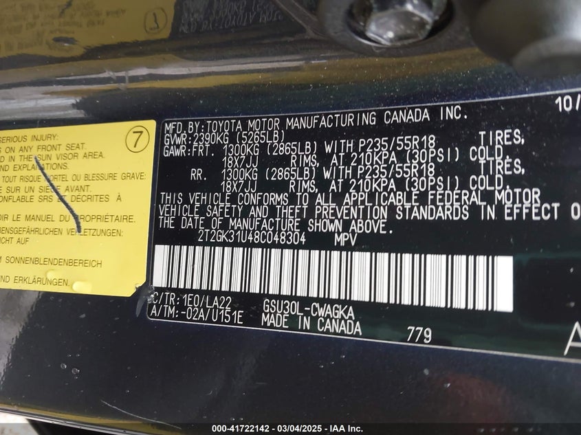 2008 Lexus Rx 350 VIN: 2T2GK31U48C048304 Lot: 41722142