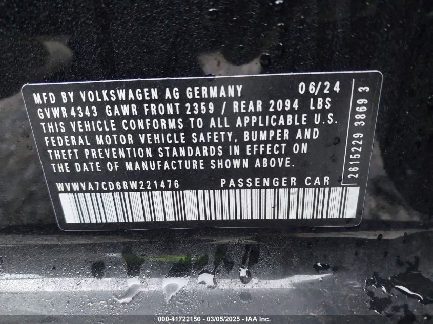 2024 Volkswagen Golf Gti 2.0T Autobahn VIN: WVWVA7CD6RW221476 Lot: 41722150