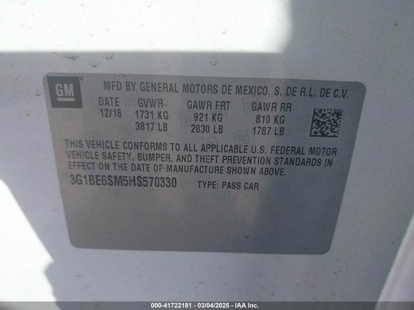 2017 CHEVROLET CRUZE LT AUTO - 3G1BE6SM5HS570330