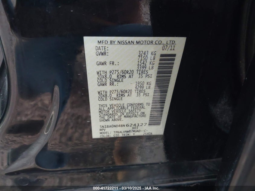 2011 NISSAN ARMADA VIN: 5N1BA0ND4BN624127