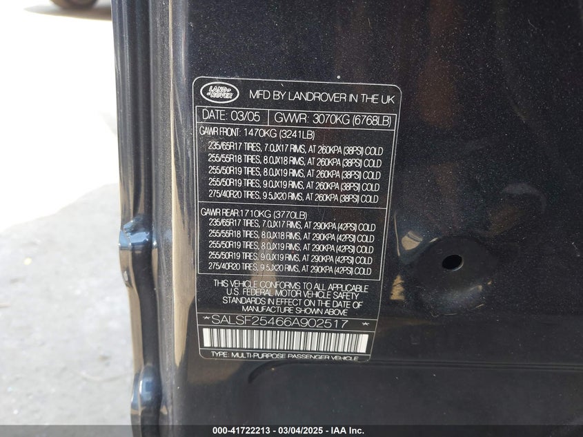 2006 Land Rover Range Rover Sport Hse VIN: SALSF25466A902517 Lot: 41722213