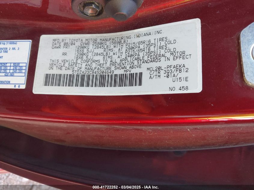 2004 Toyota Sienna Le VIN: 5TDZA23C84S204649 Lot: 41722252