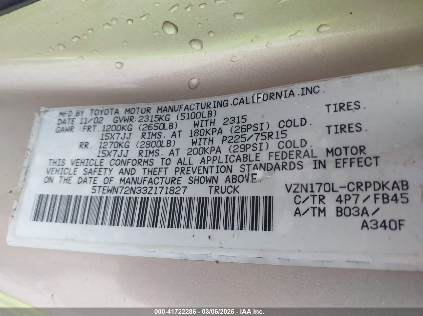 2003 Toyota Tacoma Base V6 VIN: 5TEWN72N33Z171827 Lot: 41722286