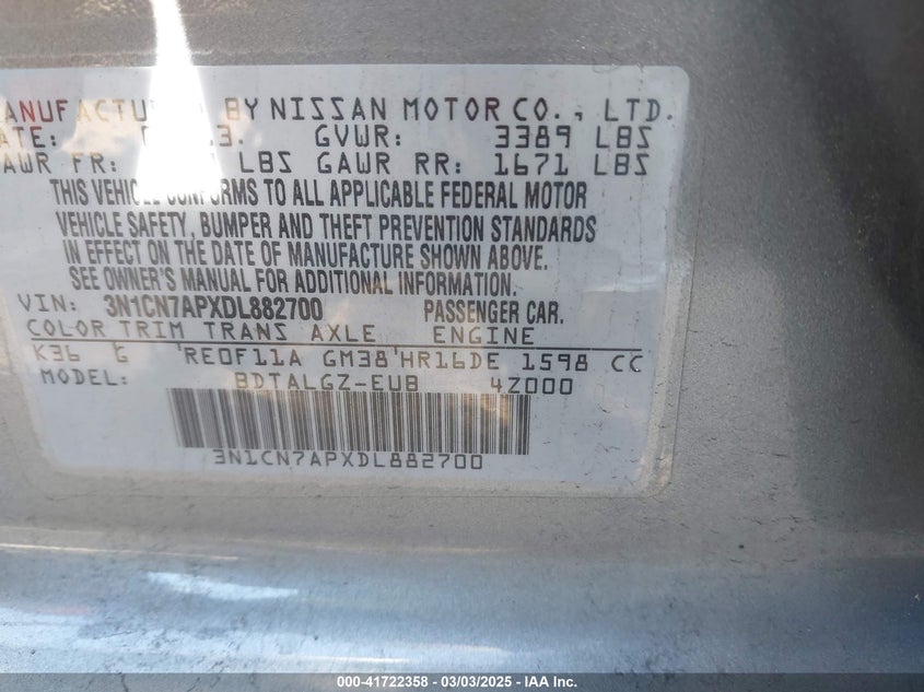 2013 NISSAN VERSA VIN: 3N1CN7APXDL882700