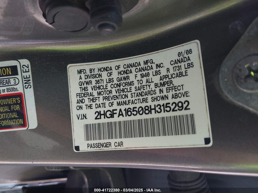 2008 Honda Civic Lx VIN: 2HGFA16508H315292 Lot: 41722380