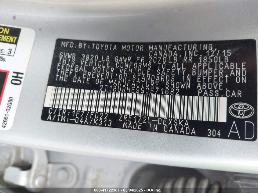 2016 Toyota Corolla S Plus VIN: 2T1BURHE9GC571682 Lot: 41722387