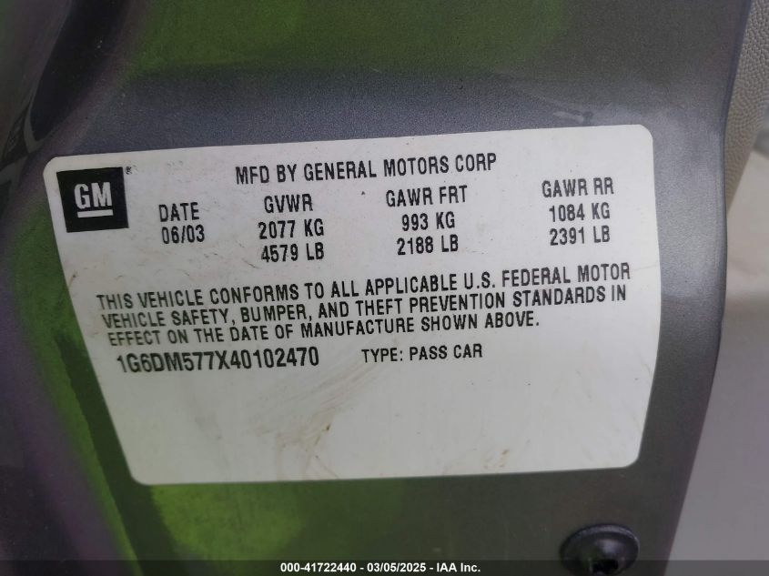 2004 Cadillac Cts Standard VIN: 1G6DM577X40102470 Lot: 41722440