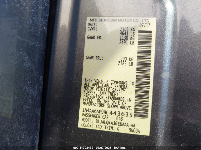 2017 Nissan Maxima 3.5 S VIN: 1N4AA6AP9HC443635 Lot: 41722462