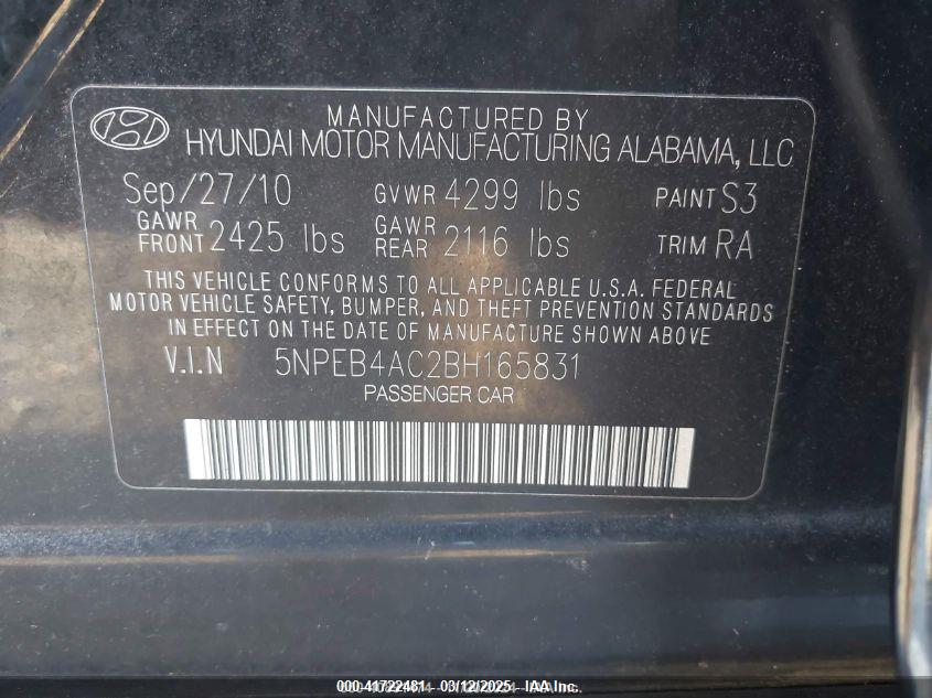 2011 HYUNDAI SONATA VIN: 5NPEB4AC2BH165831