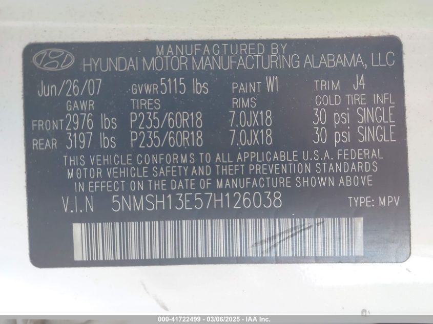 2007 Hyundai Santa Fe Limited/Se VIN: 5NMSH13E57H126038 Lot: 41722499