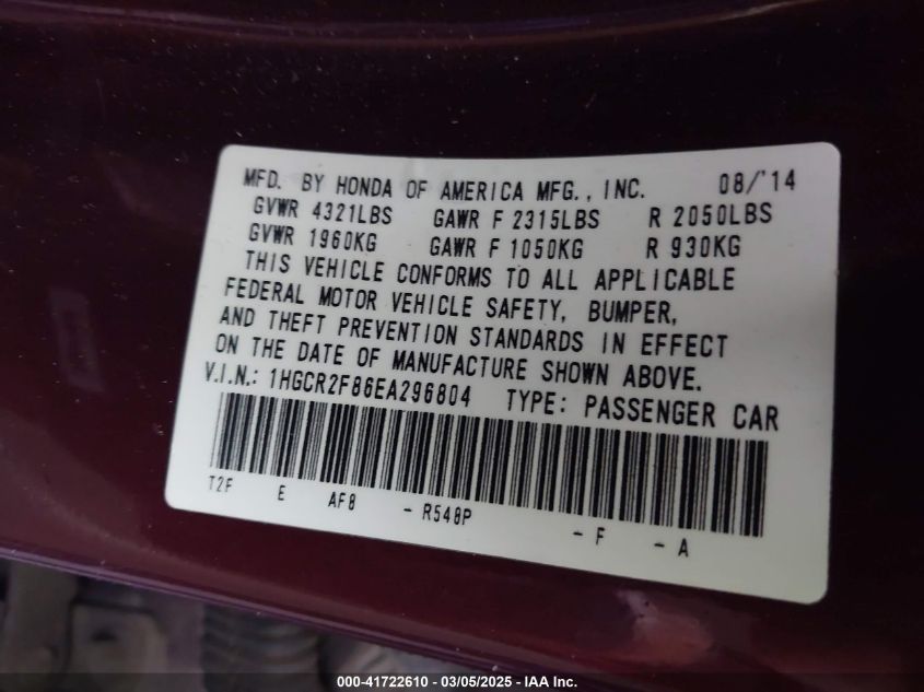 2014 Honda Accord Ex-L VIN: 1HGCR2F86EA296804 Lot: 41722610