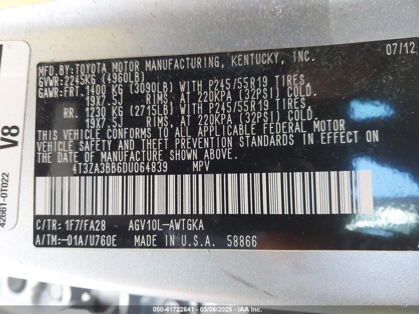 2013 TOYOTA VENZA VIN: 4T3ZA3BB6DU064839