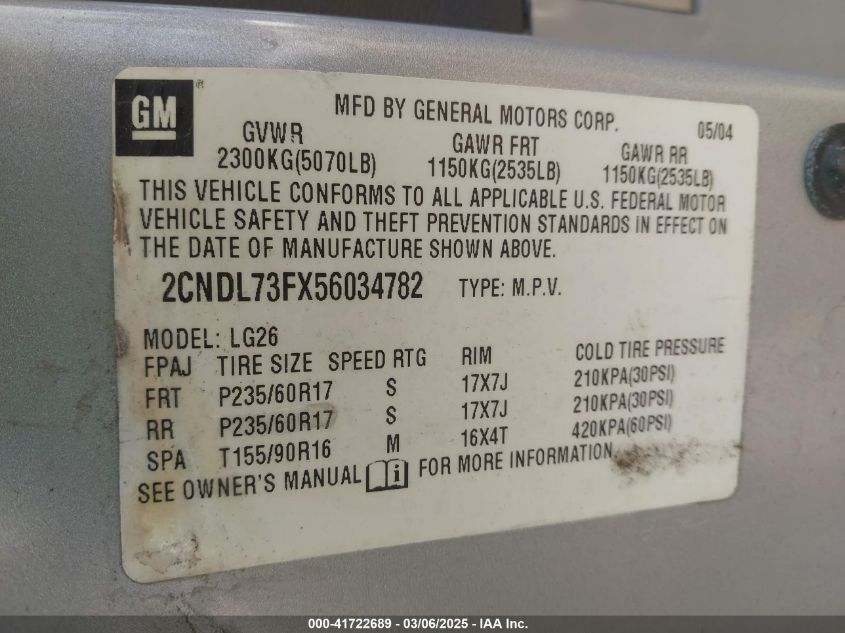 2005 Chevrolet Equinox Lt VIN: 2CNDL73FX56034782 Lot: 41722689