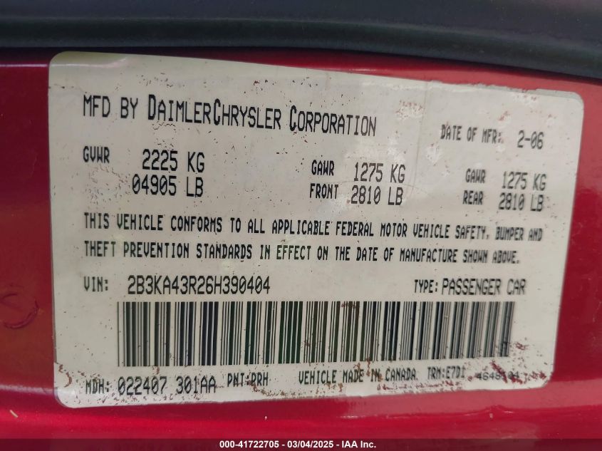 2006 Dodge Charger VIN: 2B3KA43R26H390404 Lot: 41722705
