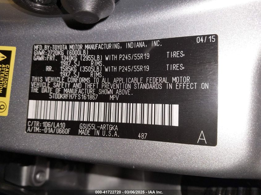 2015 Toyota Highlander Limited Platinum V6 VIN: 5TDDKRFH7FS161867 Lot: 41722720