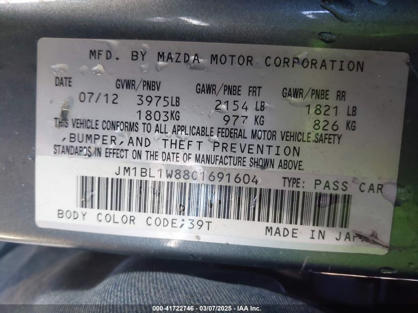 2012 Mazda Mazda3 I Grand Touring VIN: JM1BL1W88C1691604 Lot: 41722746