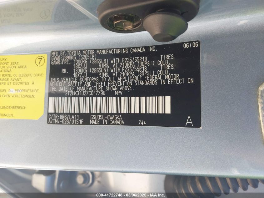 2007 Lexus Rx 350 VIN: 2T2HK31U27C017796 Lot: 41722748