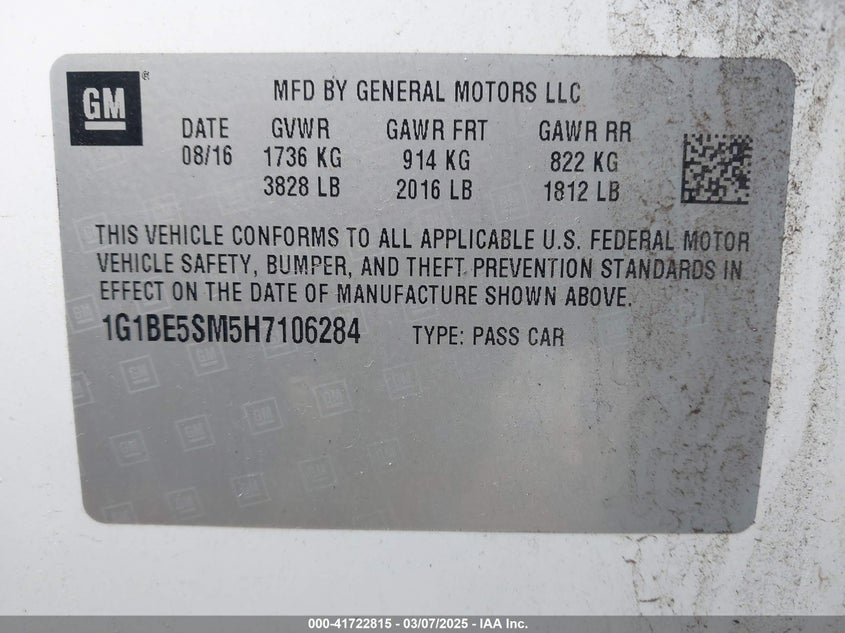 2017 CHEVROLET CRUZE LT AUTO - 1G1BE5SM5H7106284