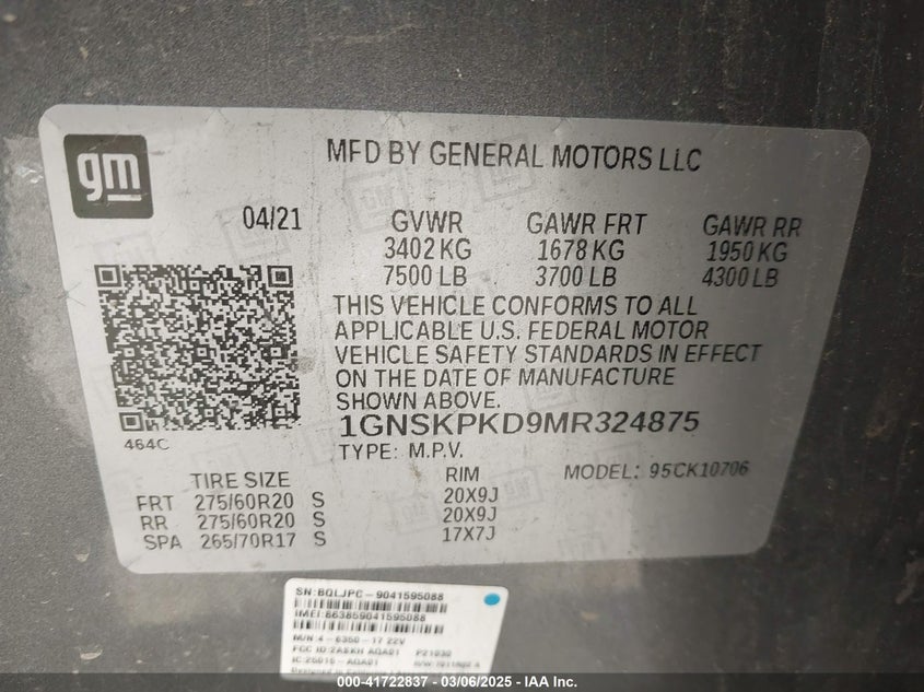 2021 Chevrolet Tahoe VIN: GNSKPKD9MR324875 Lot: 41722837