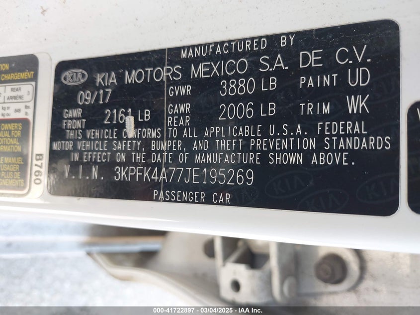 2018 KIA FORTE VIN: 3KPFK4A77JE195269