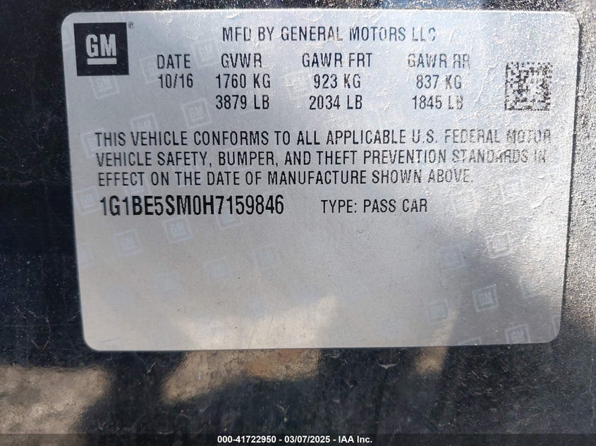 2017 CHEVROLET CRUZE VIN: 1G1BE5SM0H7159846
