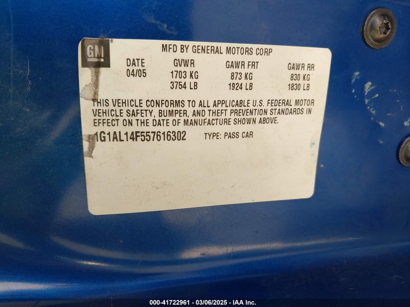 2005 Chevrolet Cobalt Ls VIN: 1G1AL14F557616302 Lot: 41722961