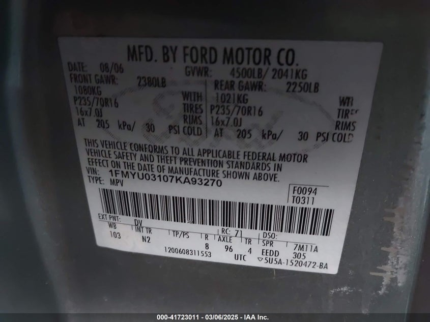 2007 FORD ESCAPE VIN: 1FMYU03107KA93270