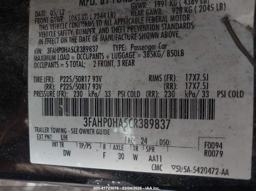 2012 FORD FUSION VIN: 3FAHP0HA5CR389837