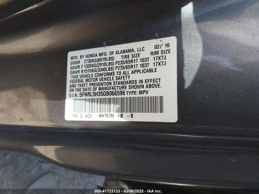2016 HONDA ODYSSEY VIN: 5FNRL5H35GB066596
