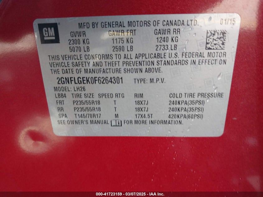 2015 CHEVROLET EQUINOX VIN: 2GNFLGEK0F6264301