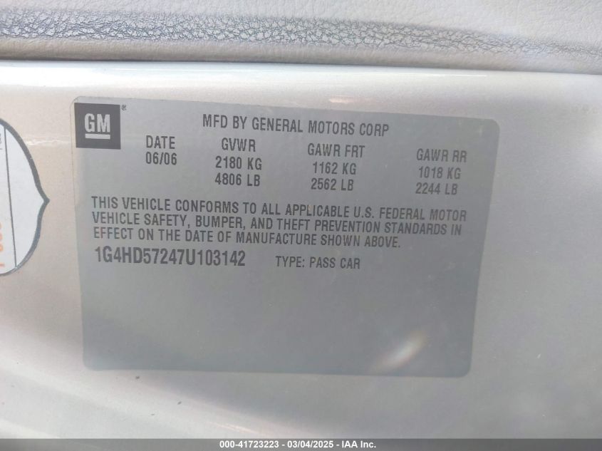 2007 Buick Lucerne Cxl VIN: 1G4HD57247U103142 Lot: 41723223