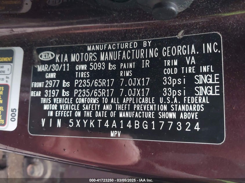 2011 Kia Sorento Lx VIN: 5XYKT4A14BG177324 Lot: 41723250