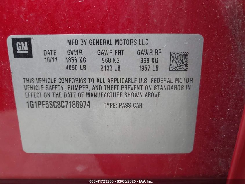 2012 Chevrolet Cruze 1Lt VIN: 1G1PF5SC8C7186974 Lot: 41723266