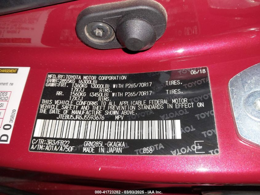 2018 Toyota 4Runner Sr5 VIN: JTEBU5JR6J5593676 Lot: 41723282