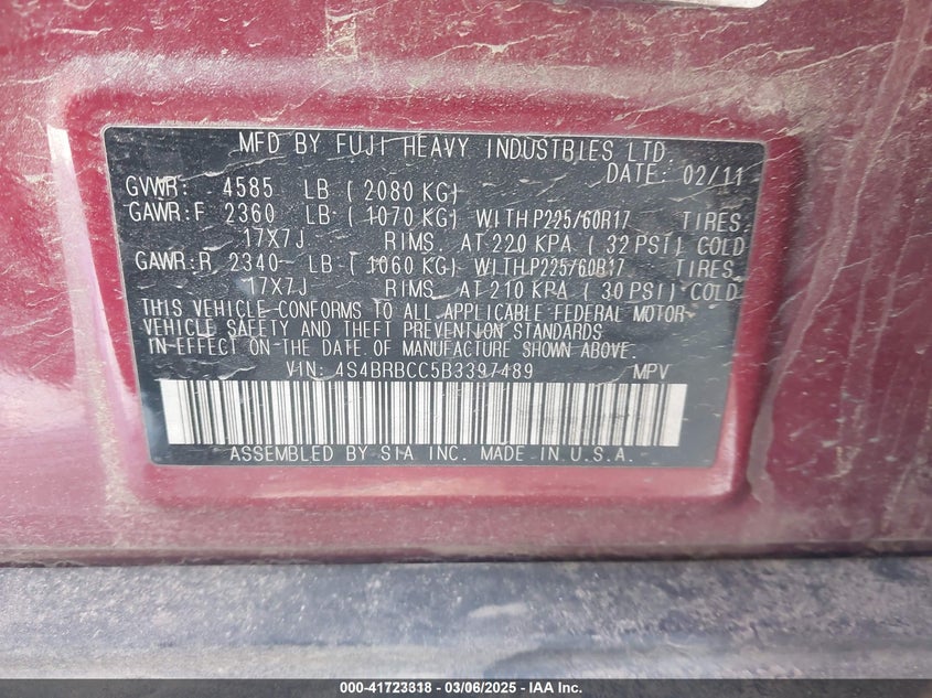 2011 SUBARU OUTBACK VIN: 4S4BRBCC5B3397489