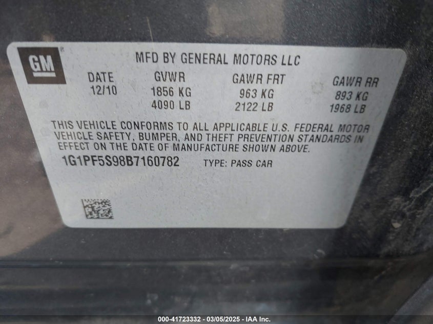 2011 CHEVROLET CRUZE VIN: 1G1PF5S98B7160782