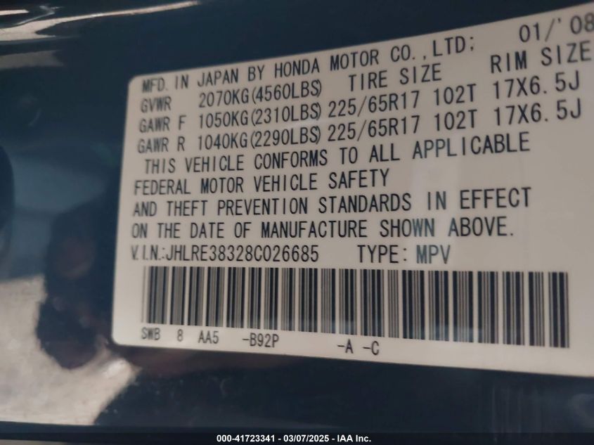 2008 Honda Cr-V Lx VIN: JHLRE38328CO26685 Lot: 41723341