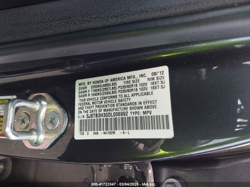 2013 Acura Rdx VIN: 5J8TB3H30DL006992 Lot: 41723347