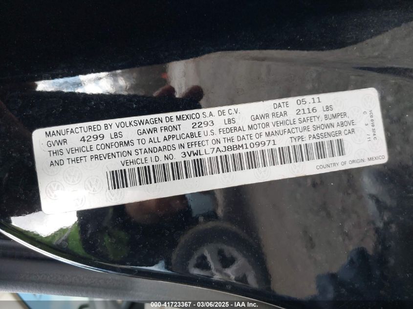 2011 Volkswagen Jetta 2.0L Tdi VIN: 3VWLL7AJ8BM109971 Lot: 41723367