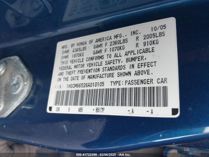 2006 Honda Accord 3.0 Ex VIN: 1HGCM66526A010105 Lot: 41723399