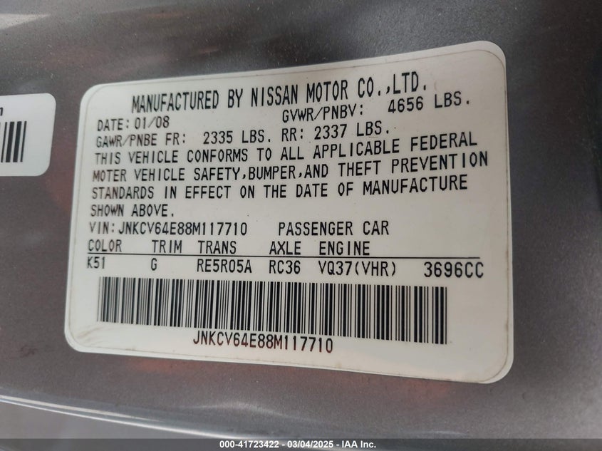 2008 INFINITI G37 VIN: JNKCV64E88M117710