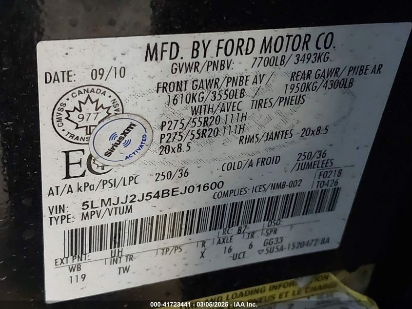 2011 Lincoln Navigator VIN: 5LMJJ2J54BEJ01600 Lot: 41723441