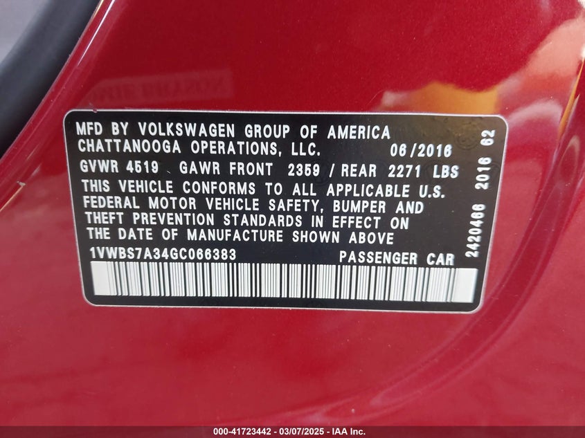 2016 VOLKSWAGEN PASSAT VIN: 1VWBS7A34GC066383
