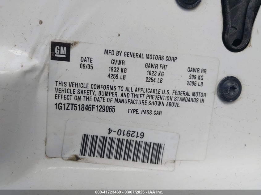 2006 CHEVROLET MALIBU VIN: 1G1ZT51846F129065