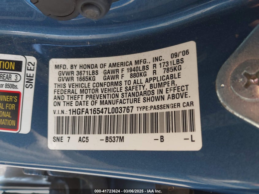 2007 HONDA CIVIC VIN: 1HGFA16547L003767