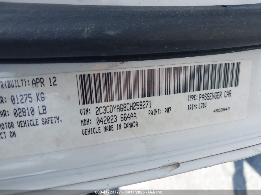 2012 Dodge Challenger Sxt VIN: 2C3CDYAG8CH259271 Lot: 41723777